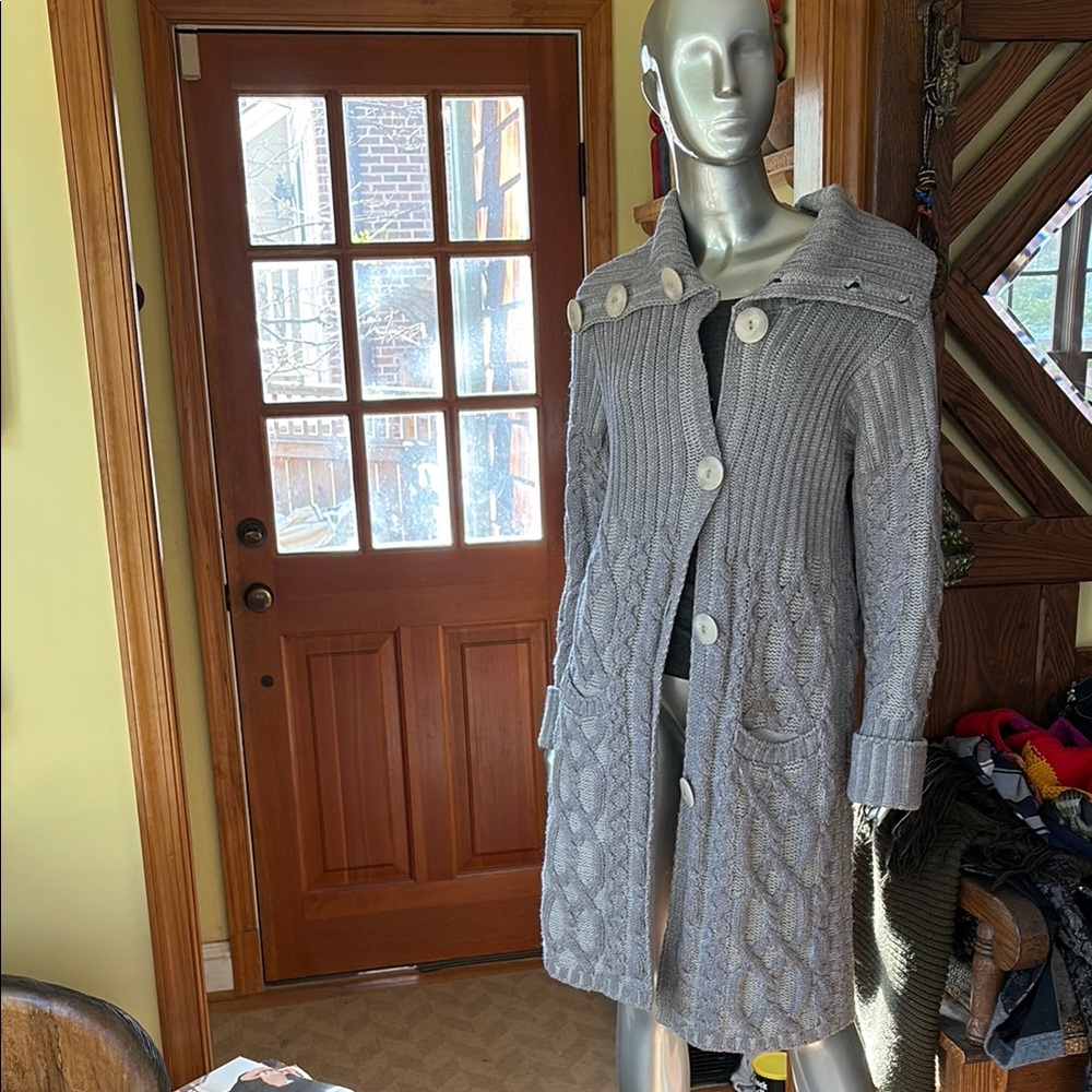 Gray Cable Knit Button-Front Long Sweater Coat from Ireland